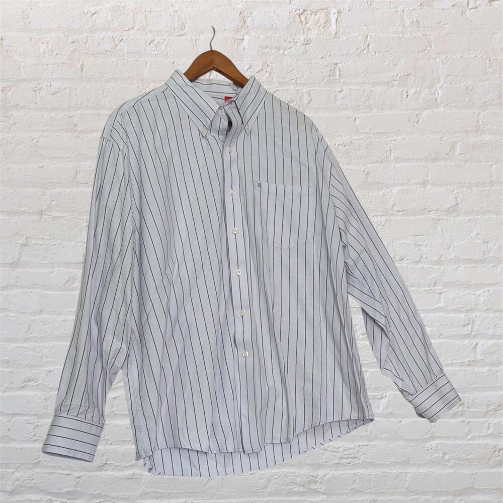 Izod XL White Blue Striped Classic Button Down Shirt 100% Cotton Long Sleeve
